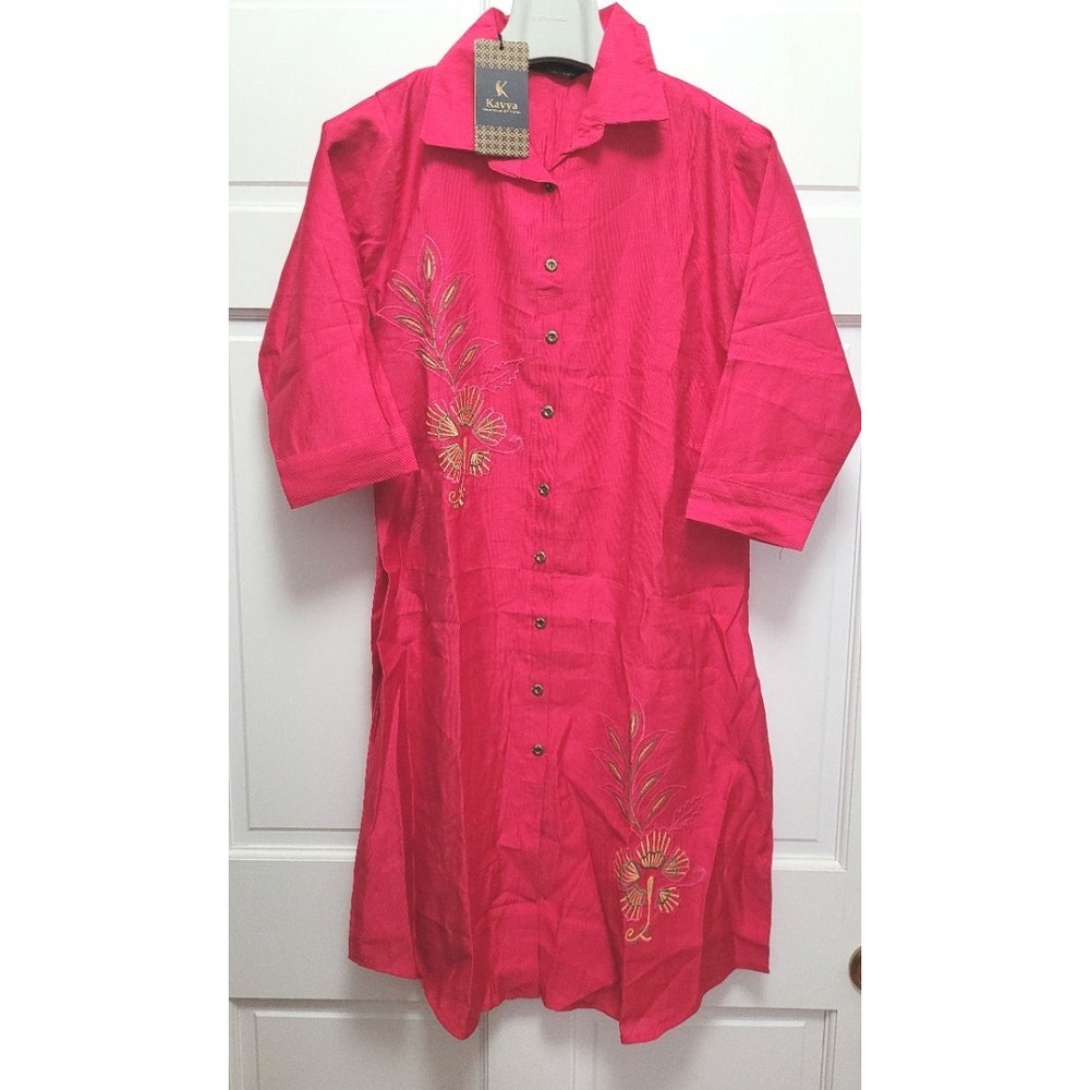 Kavya Pakistani Pink/Red Embroidered Cotton Co Ord Kurta Suit Set - Large